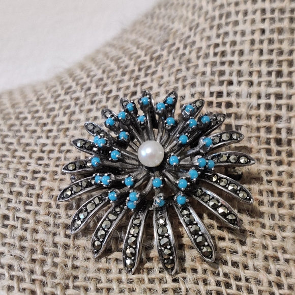 Vintage 60s Germany Silver 935 Chrysanthemum Flower Marcasite Brooch - Picture 6 of 16